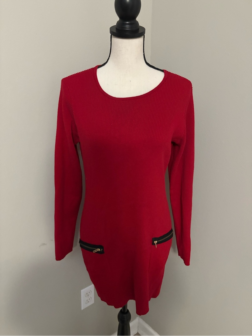 Red Long Sleeve Sweater Dress with Zip Pocket Accents